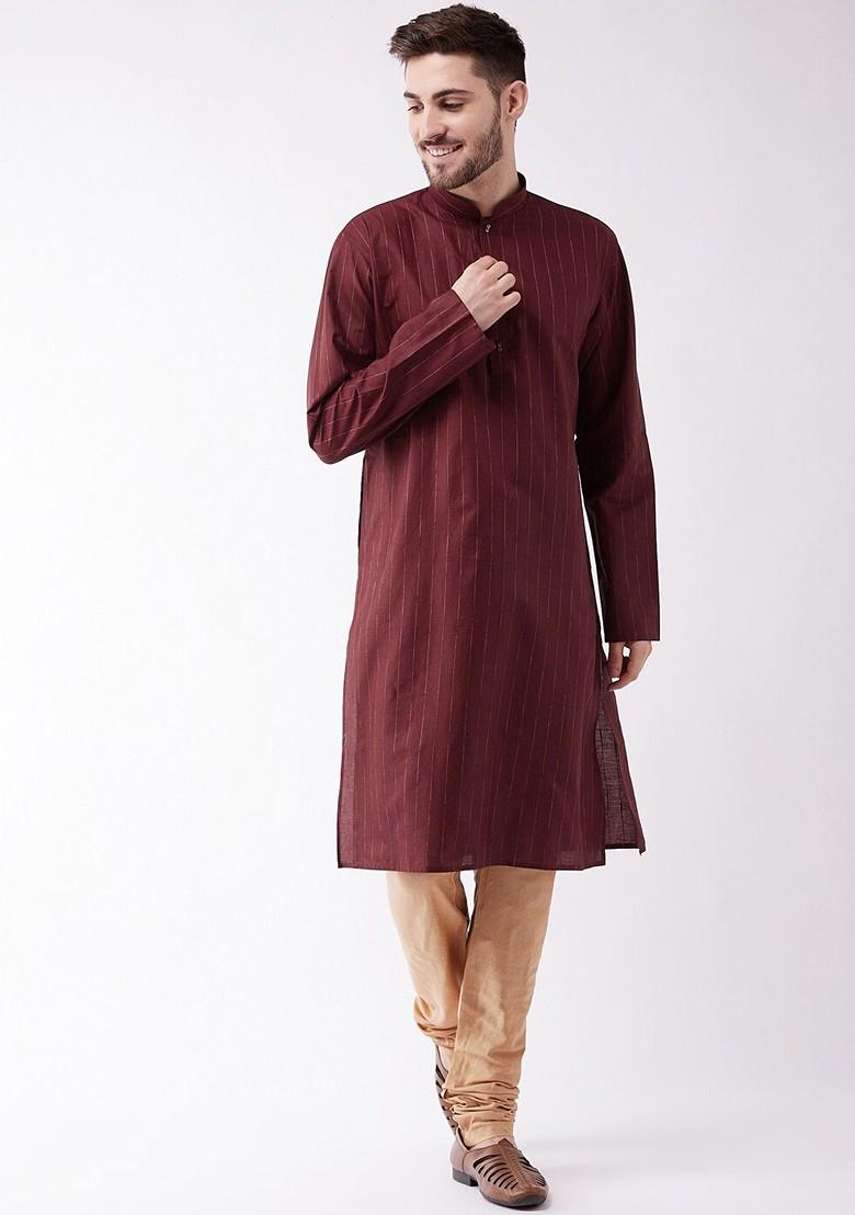 Maroon Striped Poly Blend Kurta Set For Men