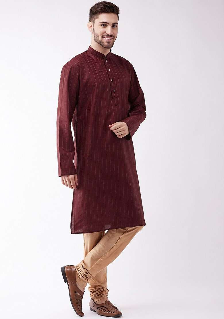Maroon Striped Poly Blend Kurta Set For Men - Indya