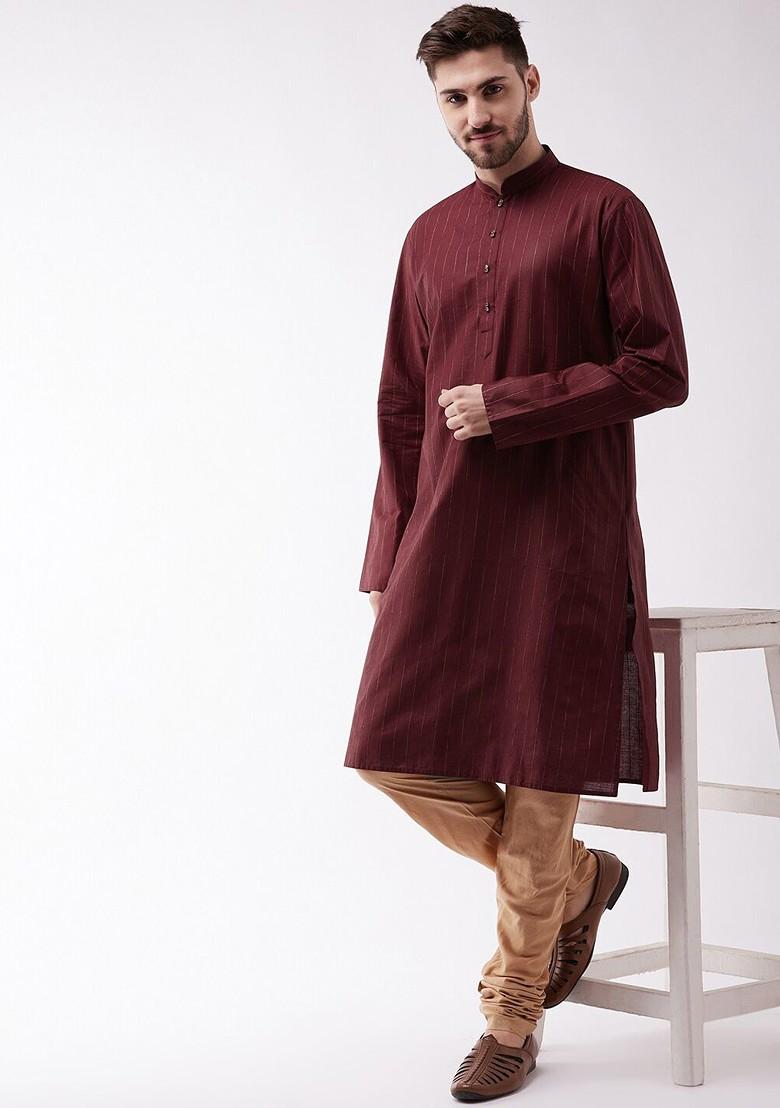 Maroon Striped Poly Blend Kurta Set For Men