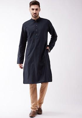 Navy Blue Striped Poly Blend Kurta Set For Men