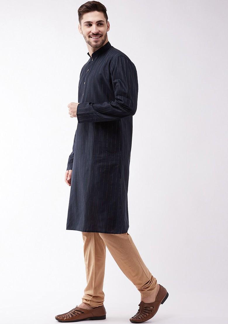Navy Blue Striped Poly Blend Kurta Set For Men