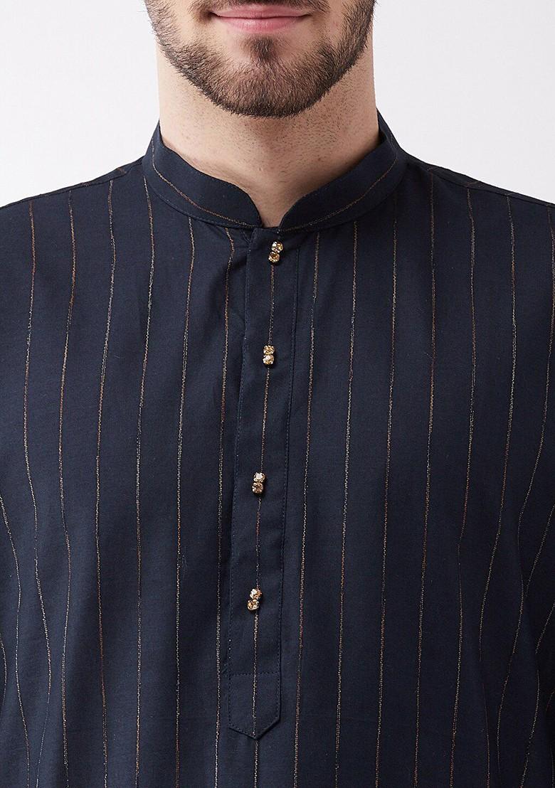 Navy Blue Striped Poly Blend Kurta Set For Men