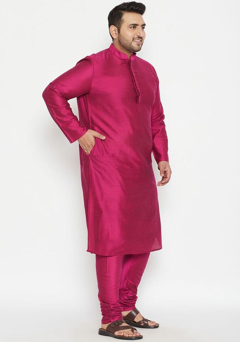 Fuchsia Pink Solid Poly Blend Kurta Set For Men