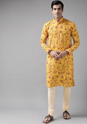 Yellow Ethnic Motifs Poly Blend Kurta Set For Men