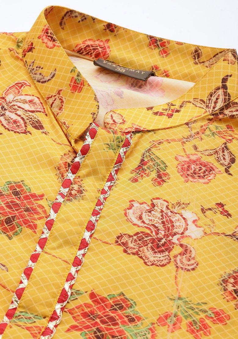 Yellow Ethnic Motifs Poly Blend Kurta Set For Men