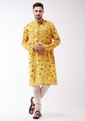Yellow Floral Print Poly Blend Kurta Set For Men