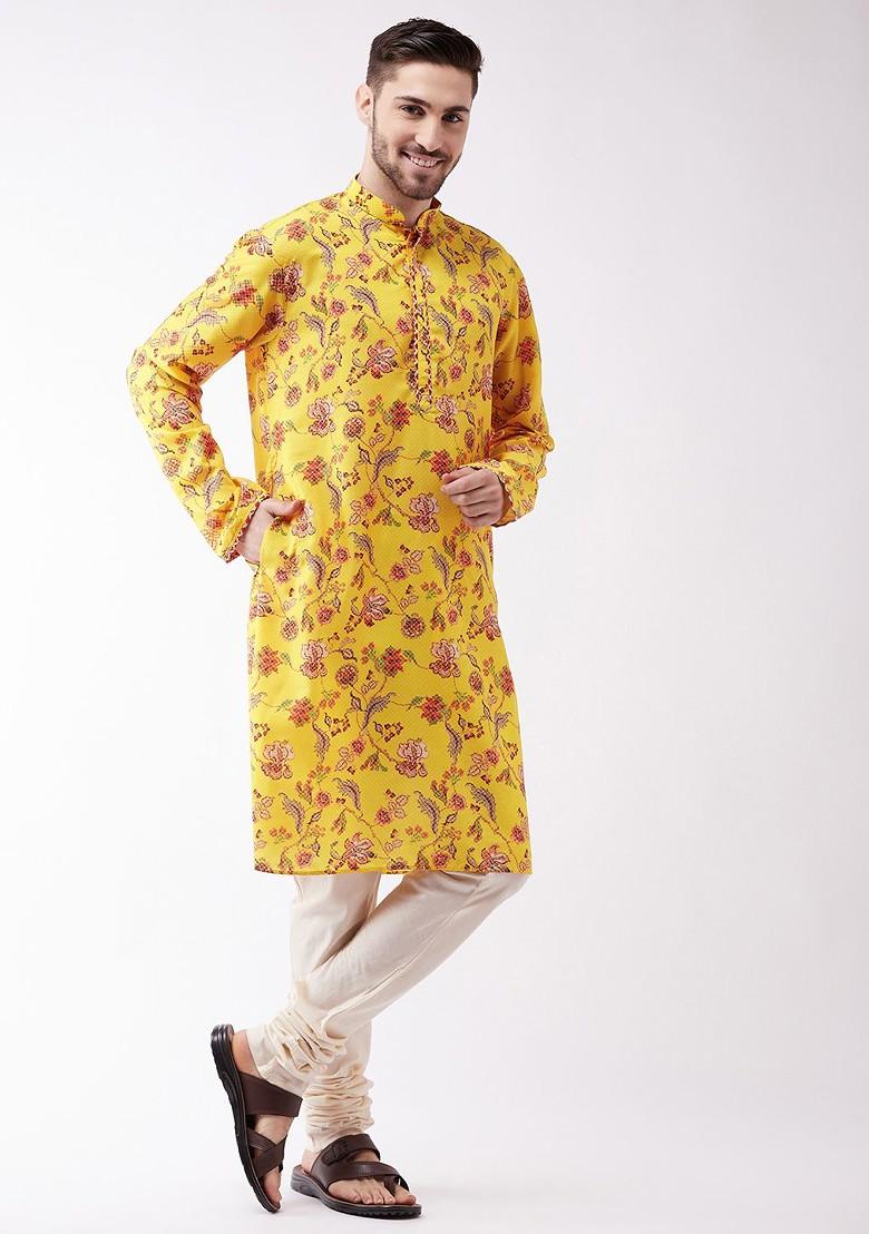 Yellow Floral Print Poly Blend Kurta Set For Men