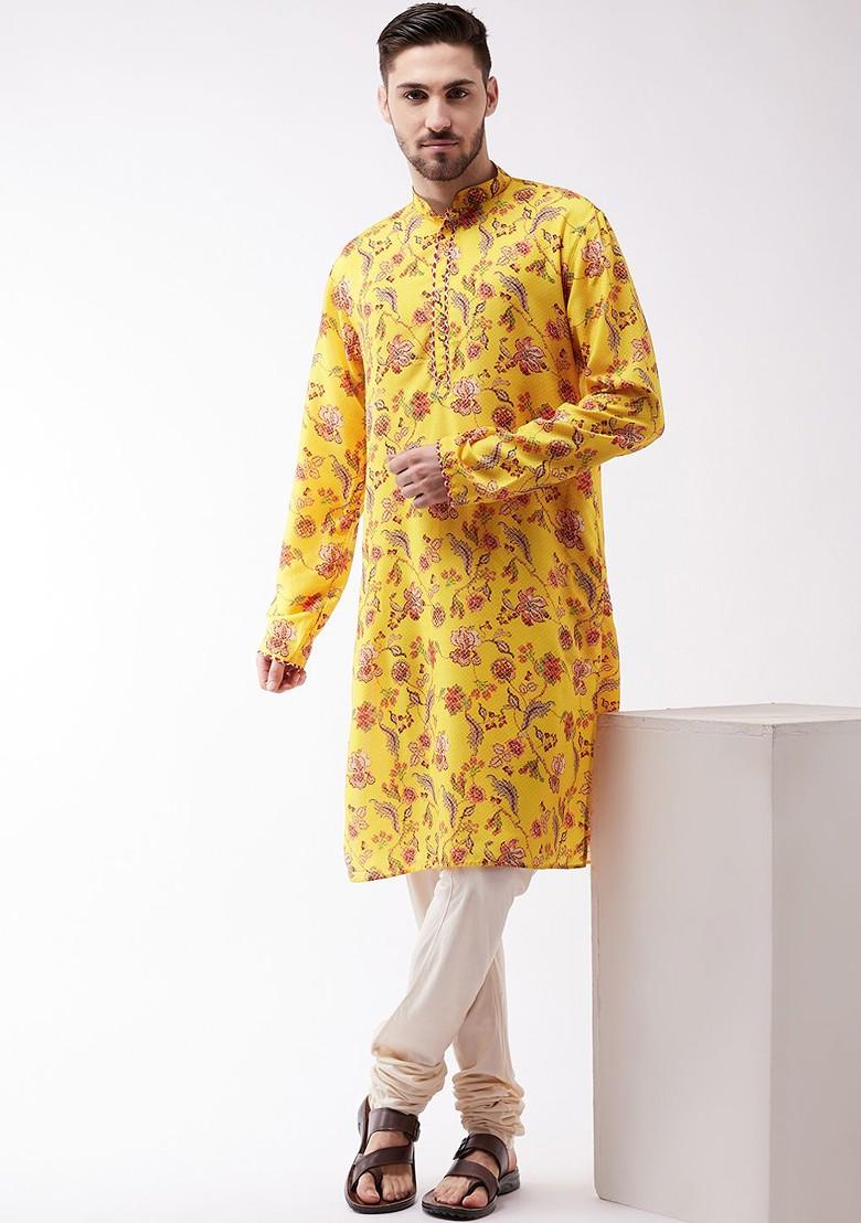 Yellow Floral Print Poly Blend Kurta Set For Men