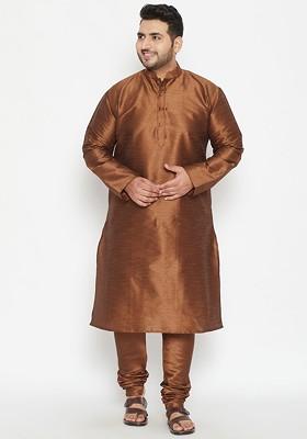 Coffee Brown Embroidered Poly Blend Kurta Set For Men