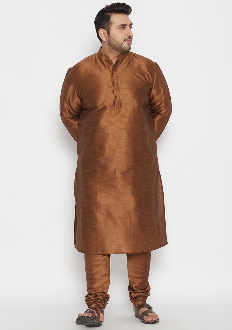 Coffee Brown Embroidered Poly Blend Kurta Set For Men