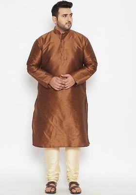 Coffee Brown Solid Poly Blend Kurta Set For Men