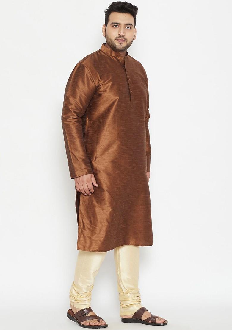 Coffee Brown Solid Poly Blend Kurta Set For Men