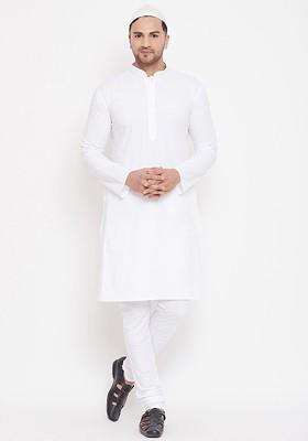 White Solid Cotton Kurta Set For Men