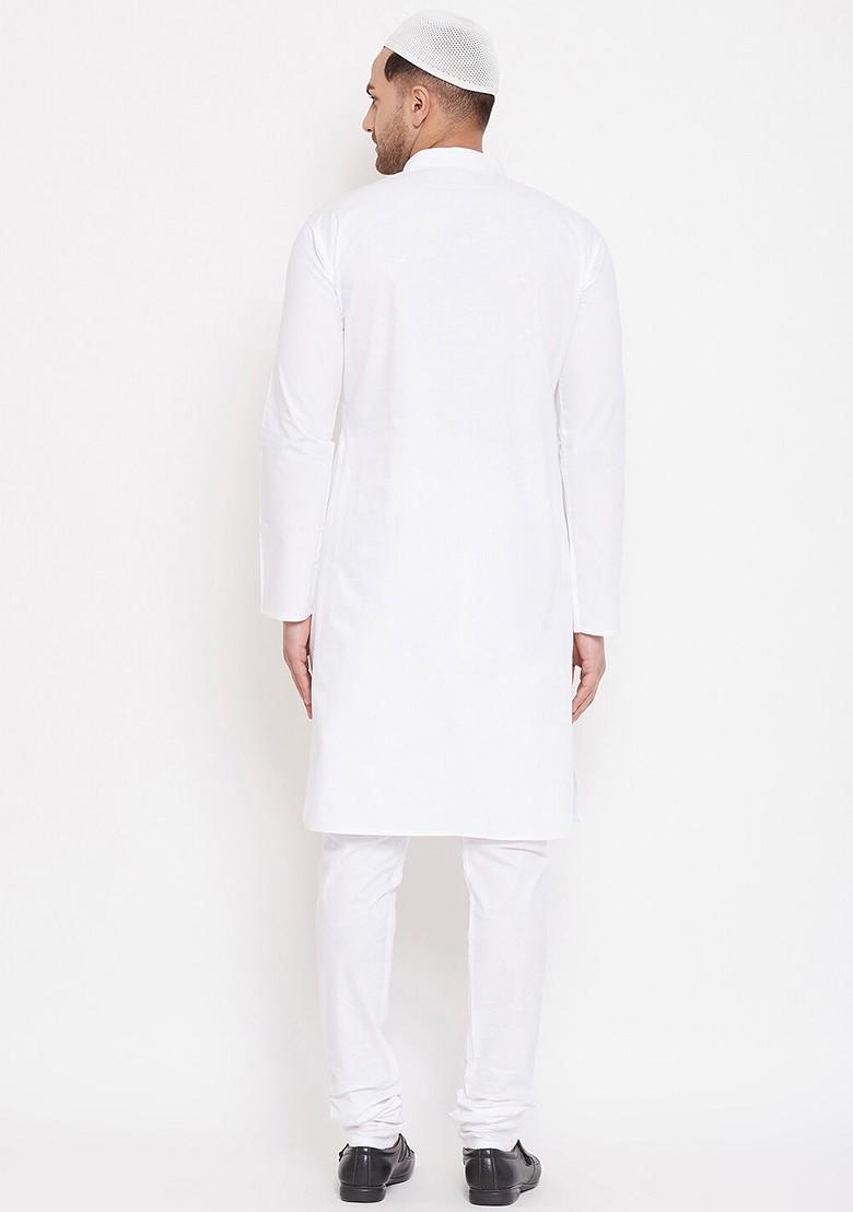 White Solid Cotton Kurta Set For Men