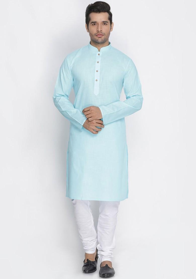 Blue Solid Poly Blend Kurta Set For Men