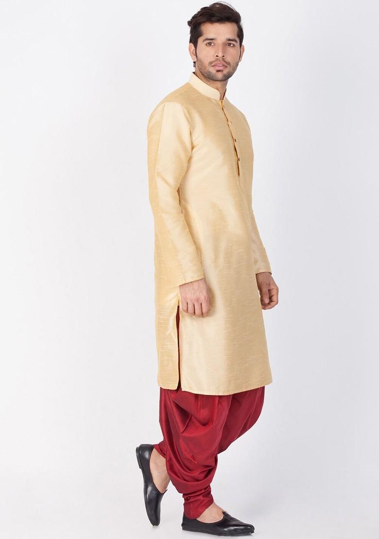 Gold Solid Poly Blend Kurta Set For Men