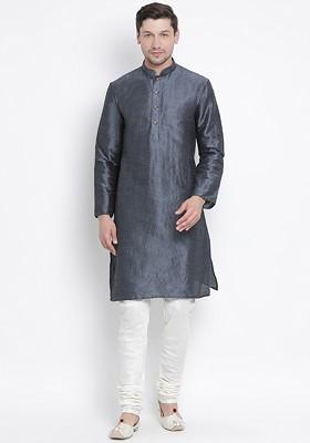 Grey Solid Poly Blend Kurta Set For Men