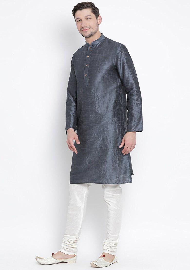 Grey Solid Poly Blend Kurta Set For Men
