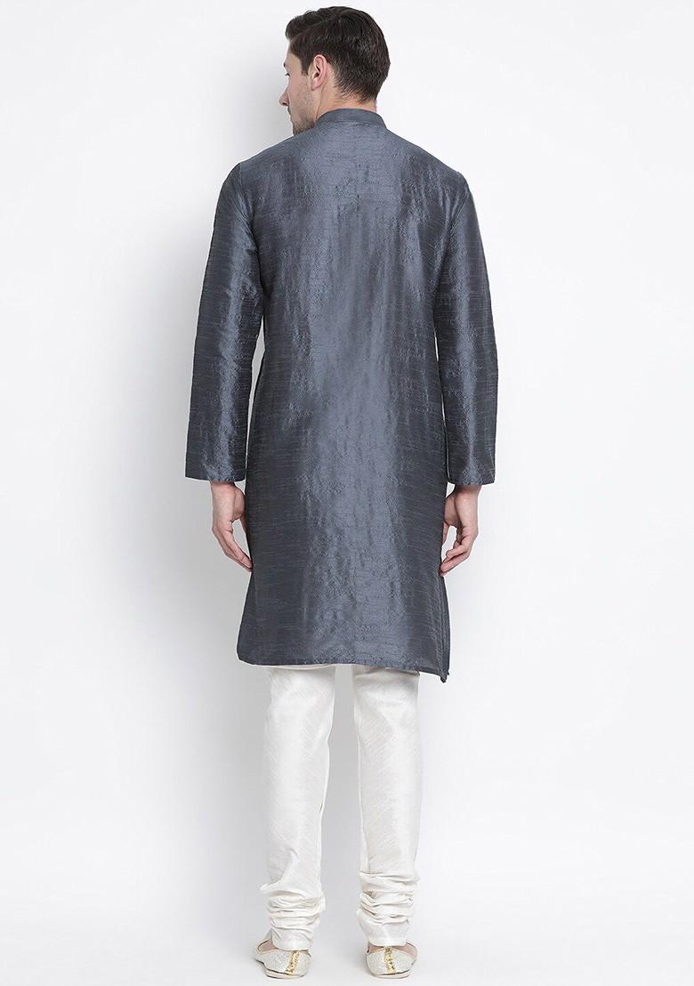Grey Solid Poly Blend Kurta Set For Men