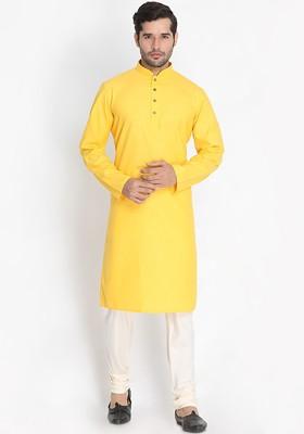 Yellow Solid Poly Blend Kurta Set For Men