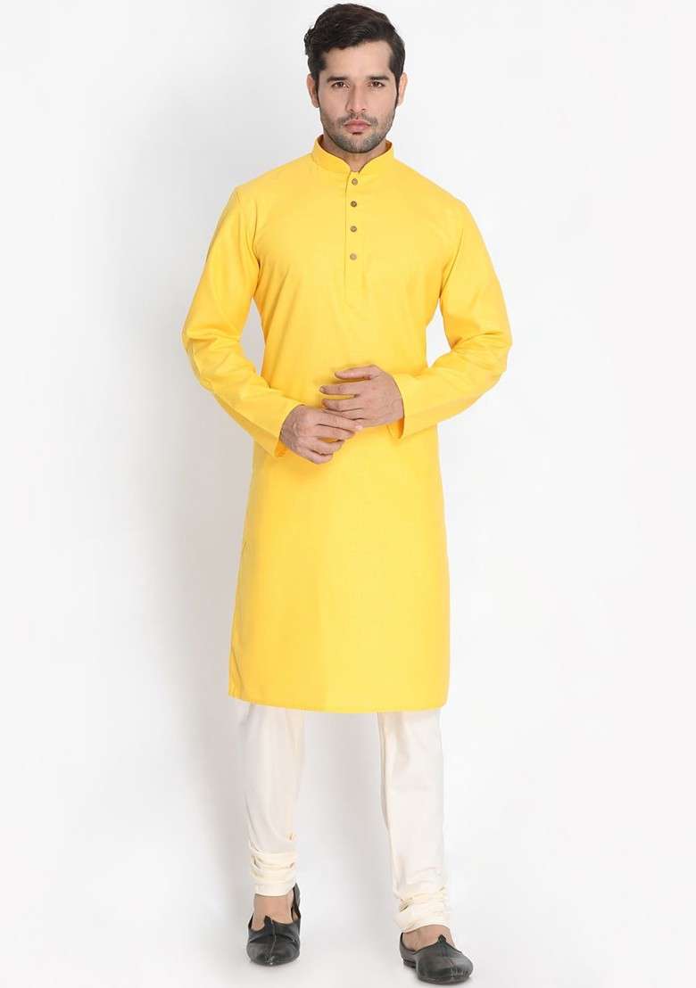 Yellow Solid Poly Blend Kurta Set For Men - Indya