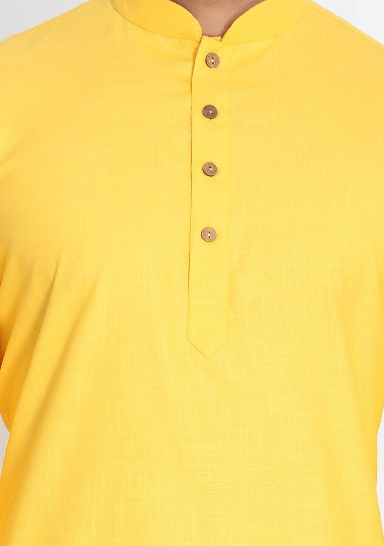 Yellow Solid Poly Blend Kurta Set For Men