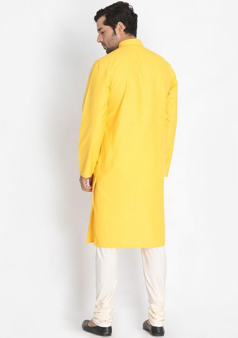 Yellow Solid Poly Blend Kurta Set For Men