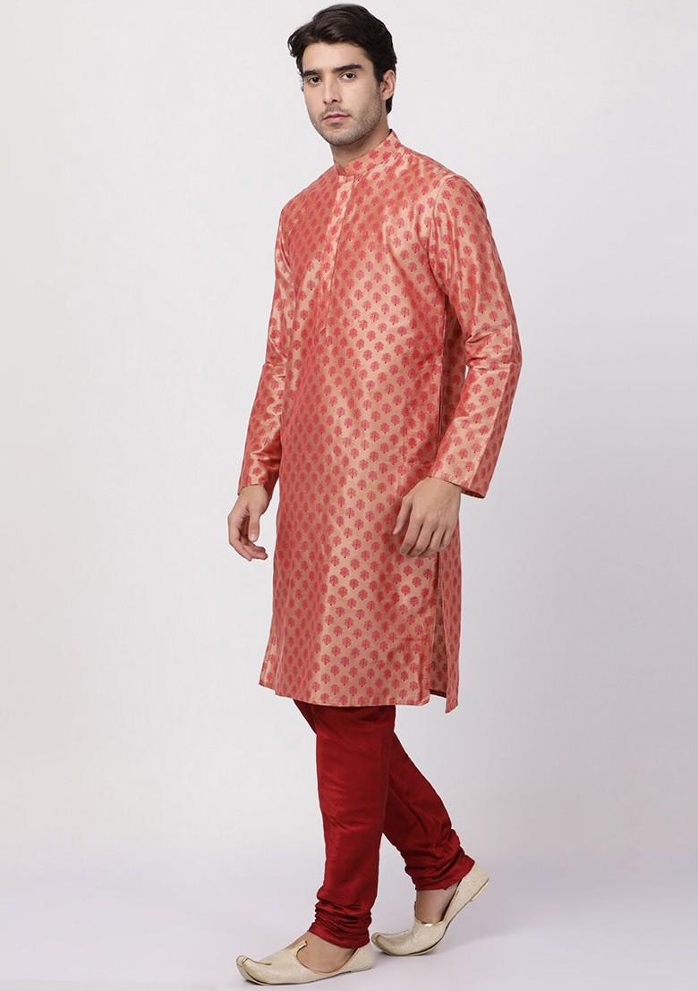 Orange Solid Poly Blend Kurta Set For Men