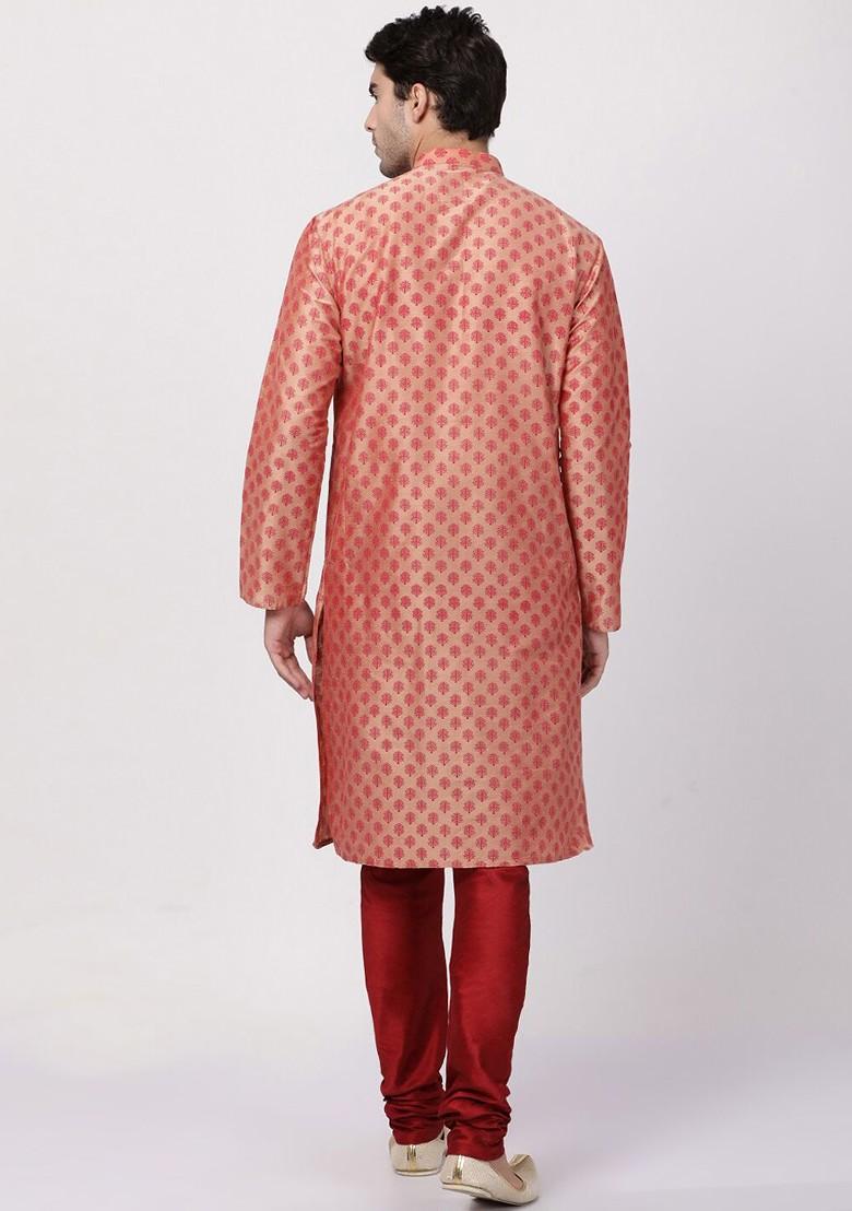 Orange Solid Poly Blend Kurta Set For Men