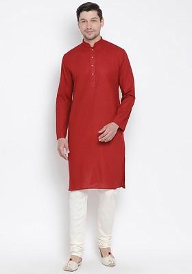 Maroon Solid Cotton Kurta Set For Men