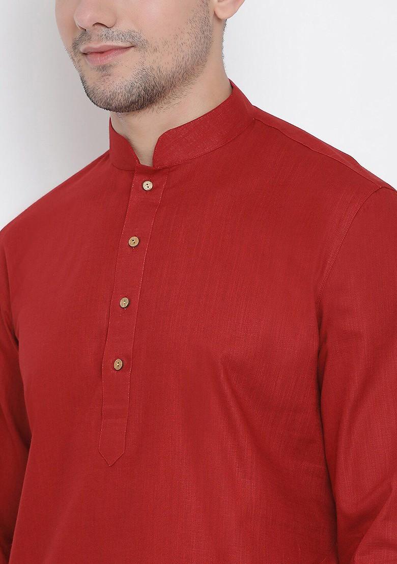Maroon Solid Cotton Kurta Set For Men