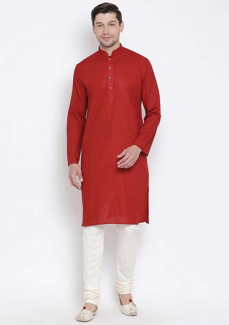 Maroon Solid Cotton Kurta Set For Men - Indya