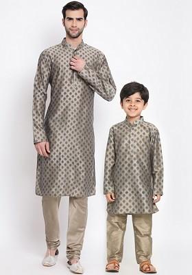 Beige Solid Poly Blend Kurta Set For Men