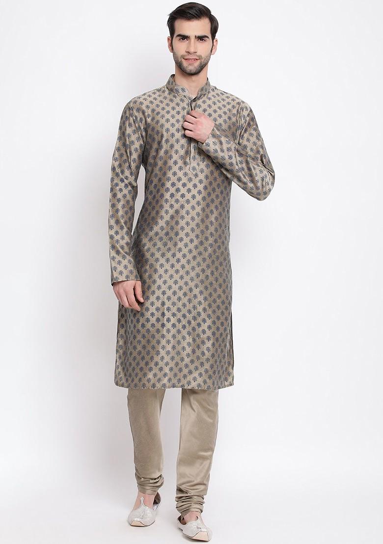 Beige Solid Poly Blend Kurta Set For Men
