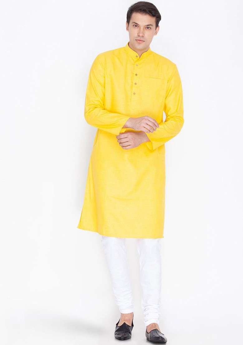 Yellow Solid Poly Blend Kurta Set For Men - Indya