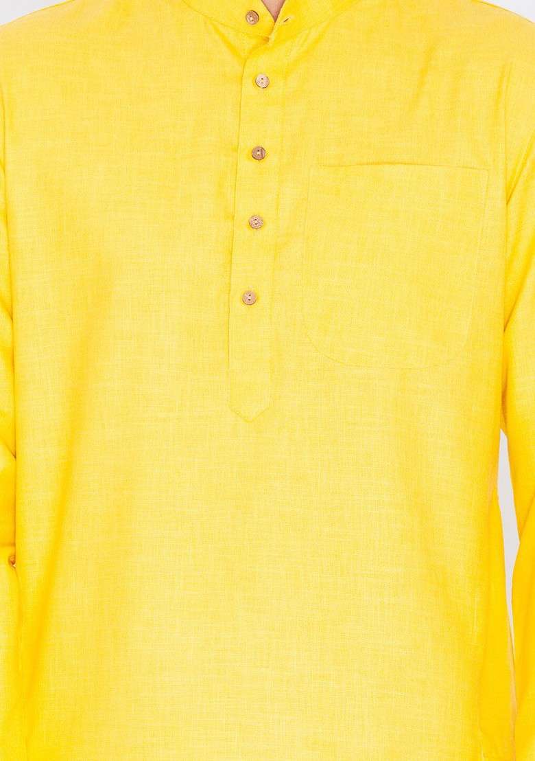 Yellow Solid Poly Blend Kurta Set For Men - Indya