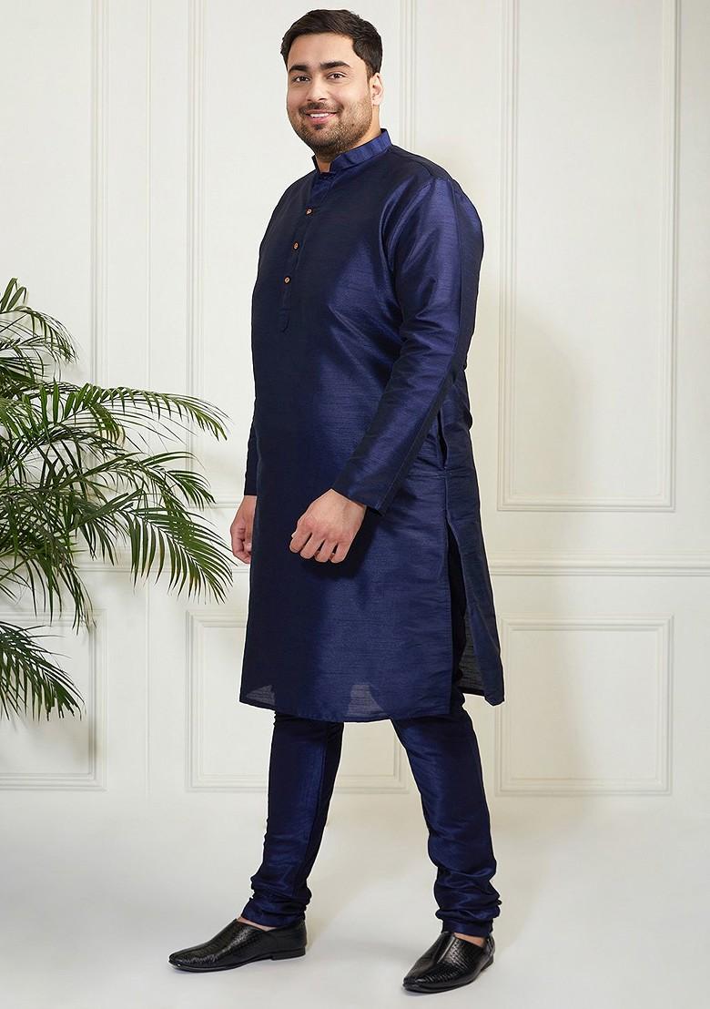 Navy Blue Solid Poly Blend Kurta Set For Men