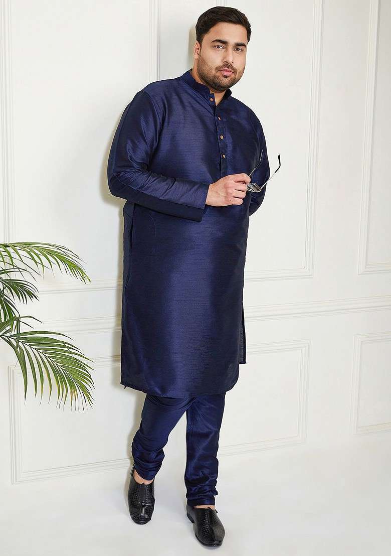 Navy Blue Solid Poly Blend Kurta Set For Men - Indya