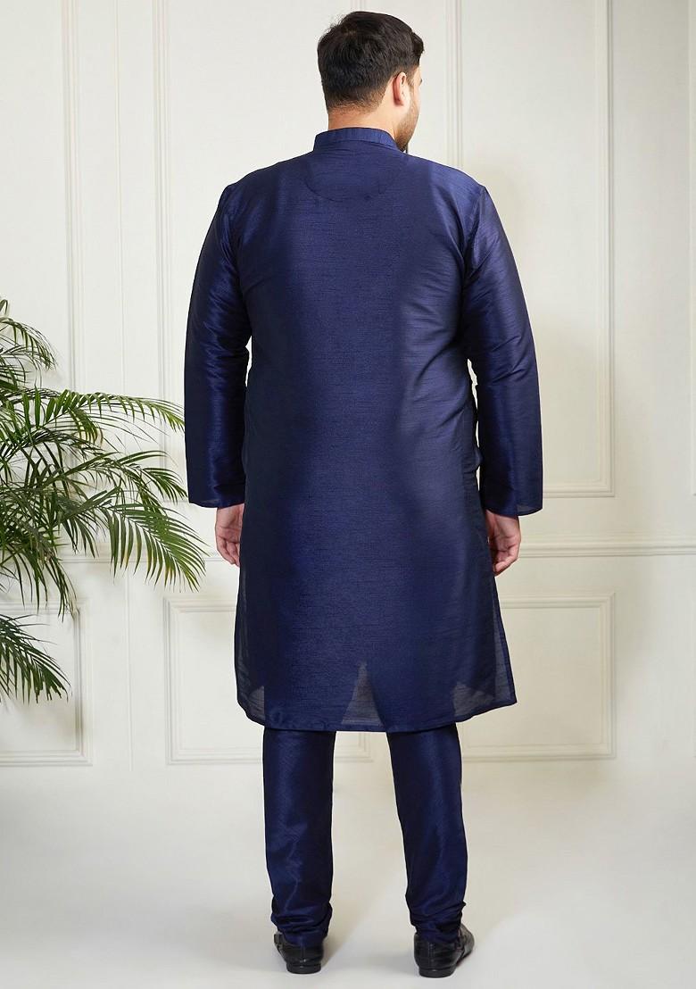 Navy Blue Solid Poly Blend Kurta Set For Men