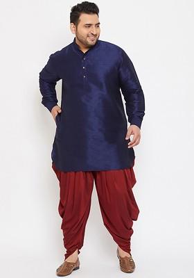 Navy Blue Solid Silk Kurta Set For Men