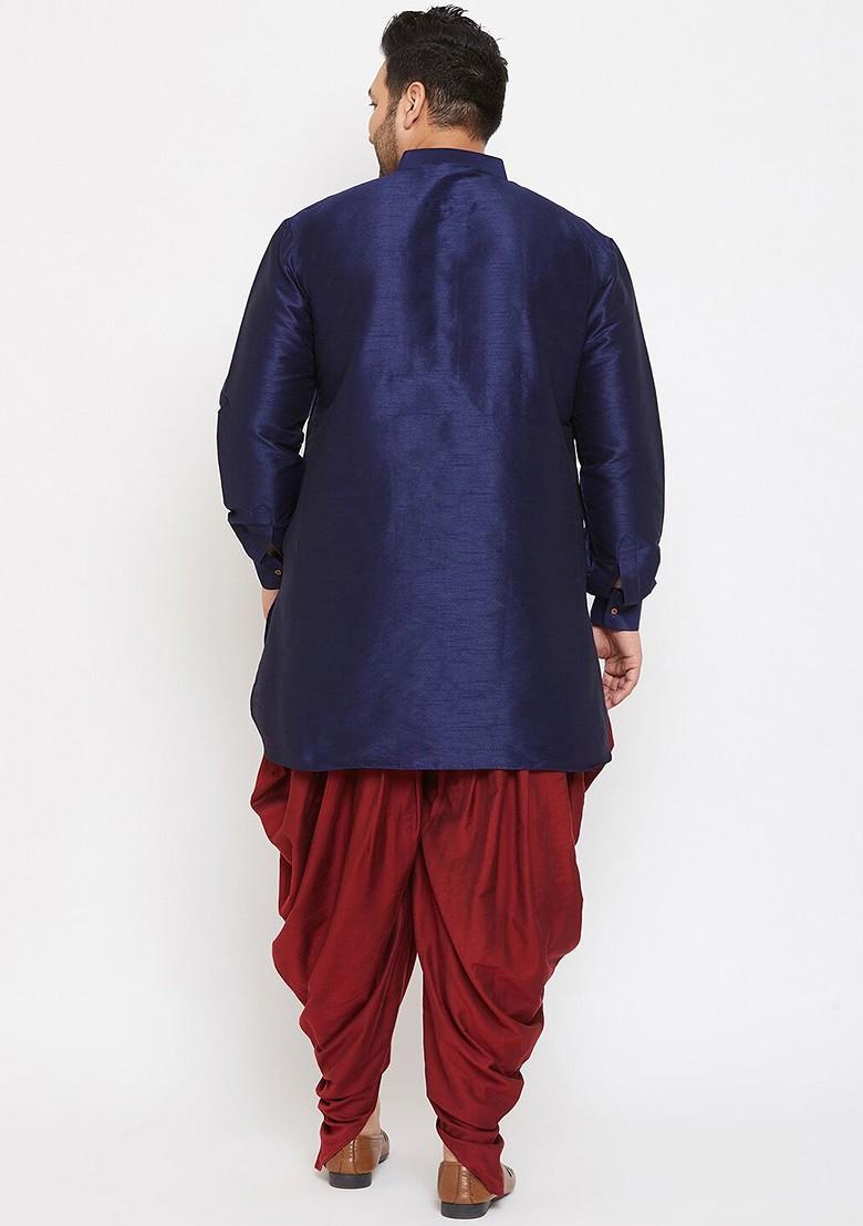Navy Blue Solid Silk Kurta Set For Men