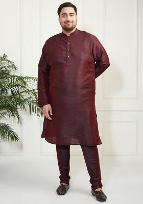 Burgundy Solid Poly Blend Kurta Set For Men
