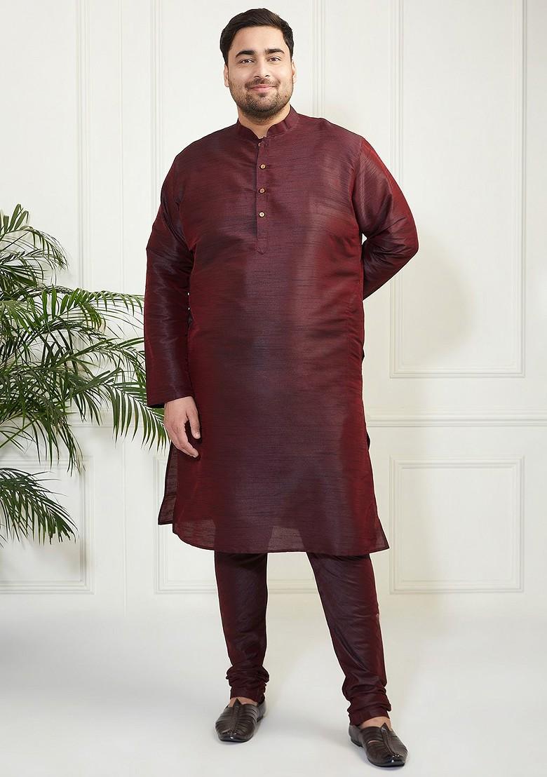 Burgundy Solid Poly Blend Kurta Set For Men