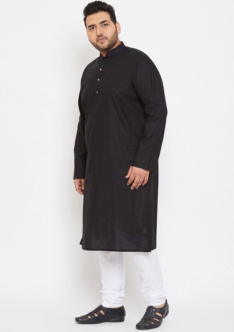 Black Solid Cotton Kurta Set For Men