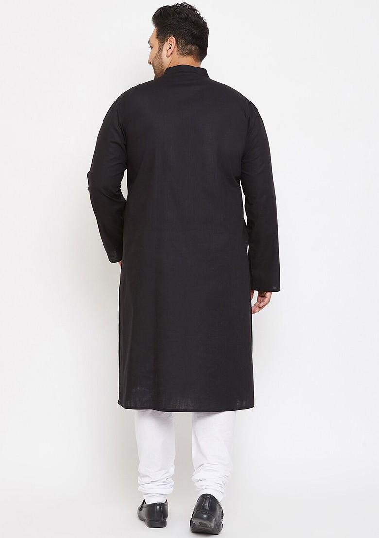 Black Solid Cotton Kurta Set For Men