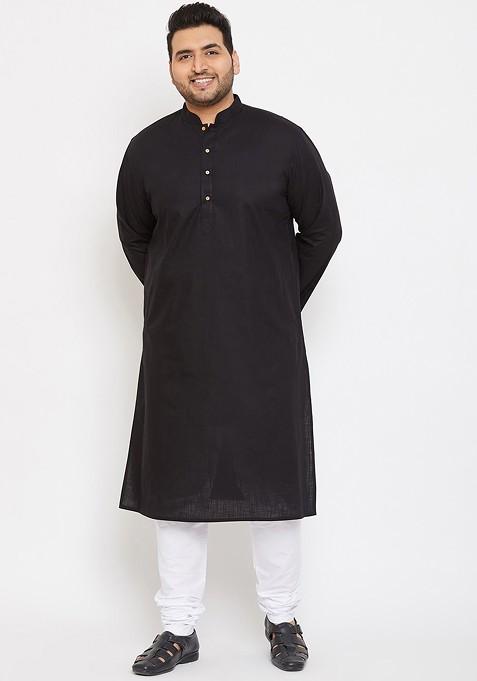 Black Solid Cotton Kurta Set For Men