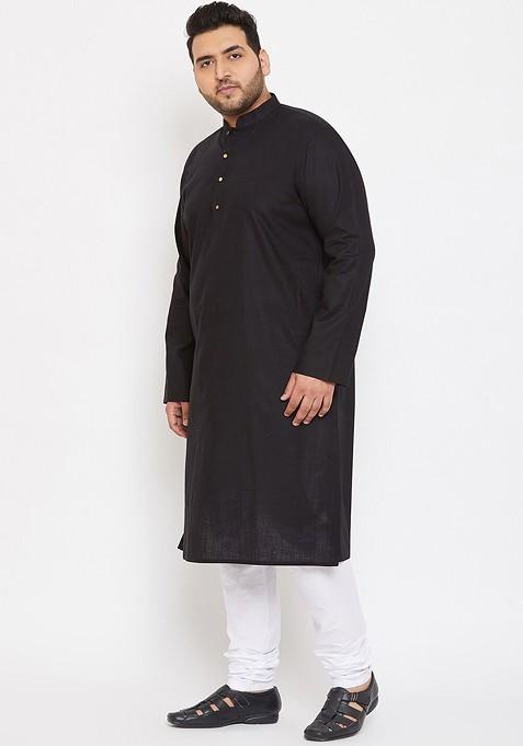 Black Solid Cotton Kurta Set For Men