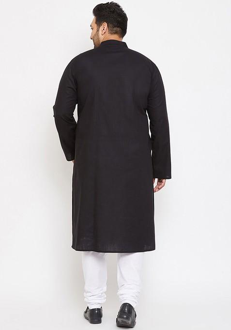 Black Solid Cotton Kurta Set For Men