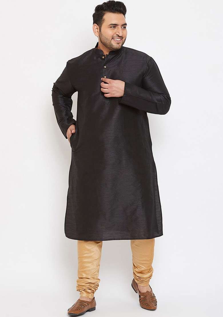 Black Solid Silk Blend Kurta Set For Men - Indya
