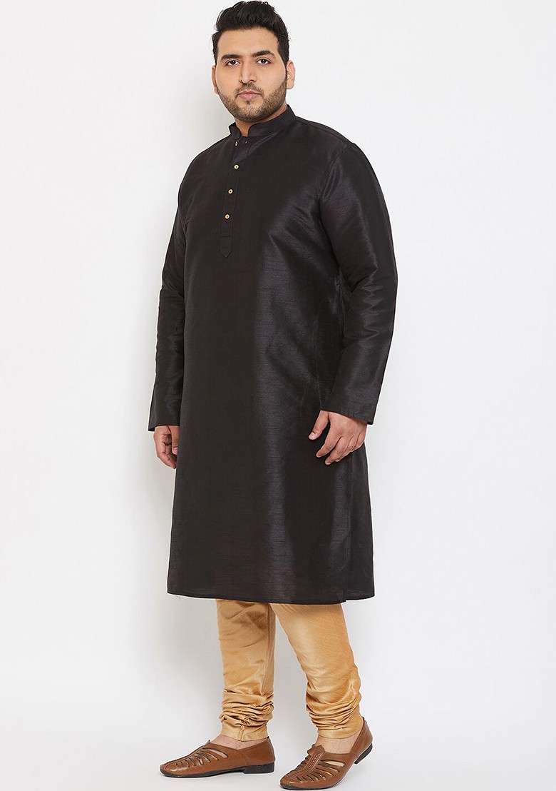 Black Solid Silk Blend Kurta Set For Men - Indya